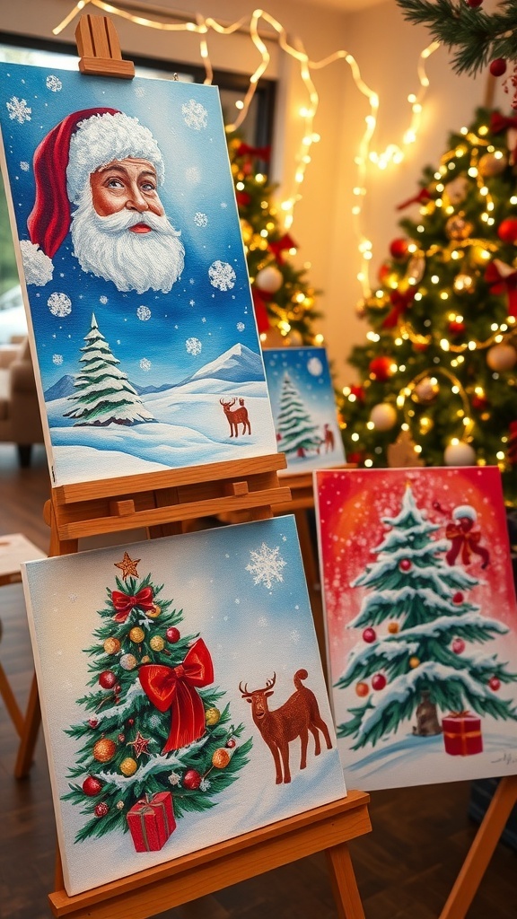 A collection of Christmas paintings featuring Santa, winter scenes, and Christmas trees in a festive studio.